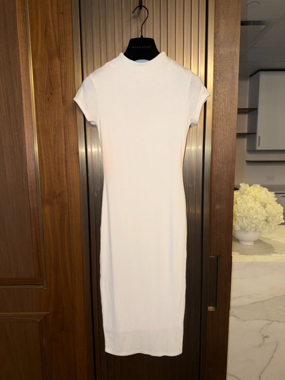 White Mock Neck Short Sleeve Midi Dress